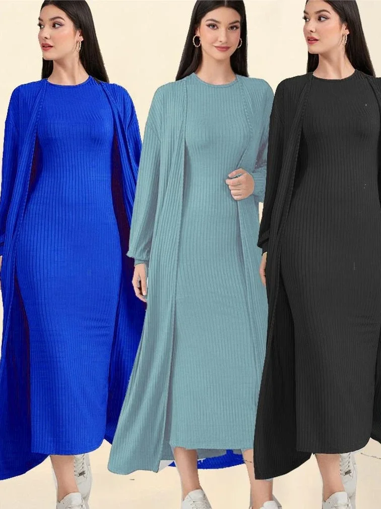 Autumn Muslim Sets Women Cardigan Dress 2 Piece Set Long Sleeve Abaya Caftan Suits Saudi Arabic Dubai Musulman Ensembles 2026