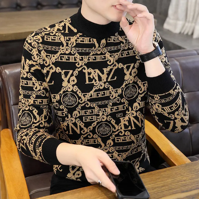 

Мужской высококачественный легкий корейский вязаный свитер с цветочным принтом, облегающий длинный светящийся шерстяной топ, модный базовый слой