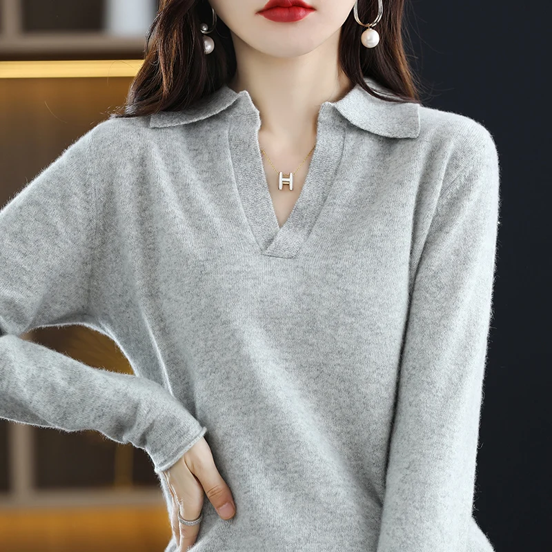 

Women 100% Merino Wool Knit Pullovers 2022 Autumn Winter POLO Collar Sweater Female Loose Warm Soft Shirt Long Sleeve Jumper