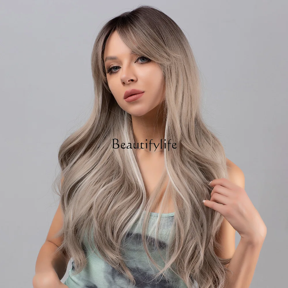 Big wave wig female, eight-character bangs black gradual change gray long curly hair chemical fiber, full headgear