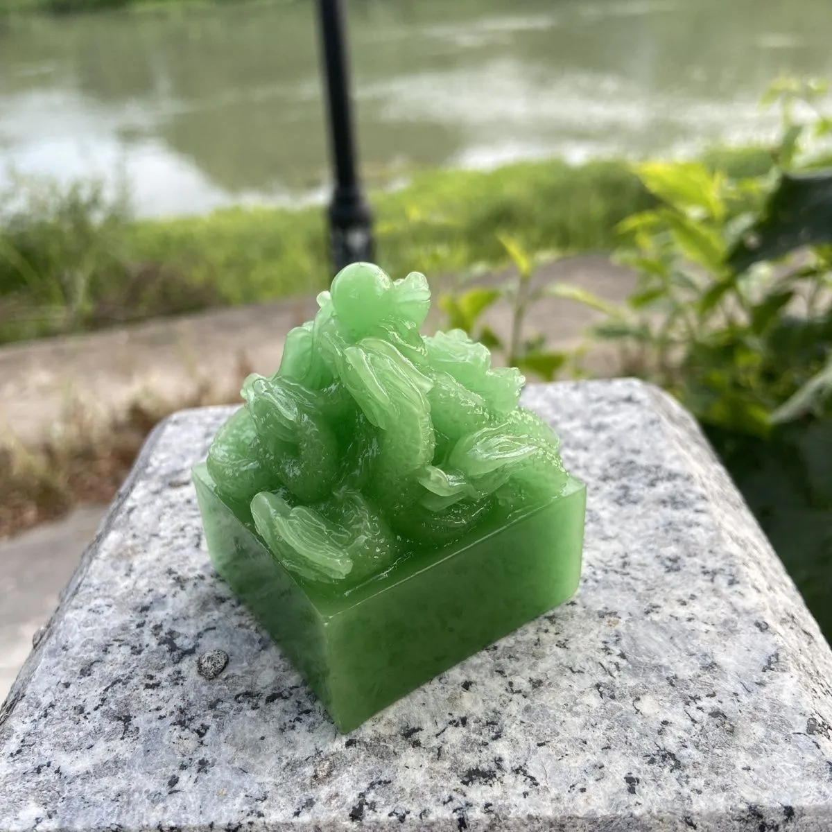 6*5cm Hetian Jade Green Jade Imperial Seal Dragon Stamp Feng Shui Decoration