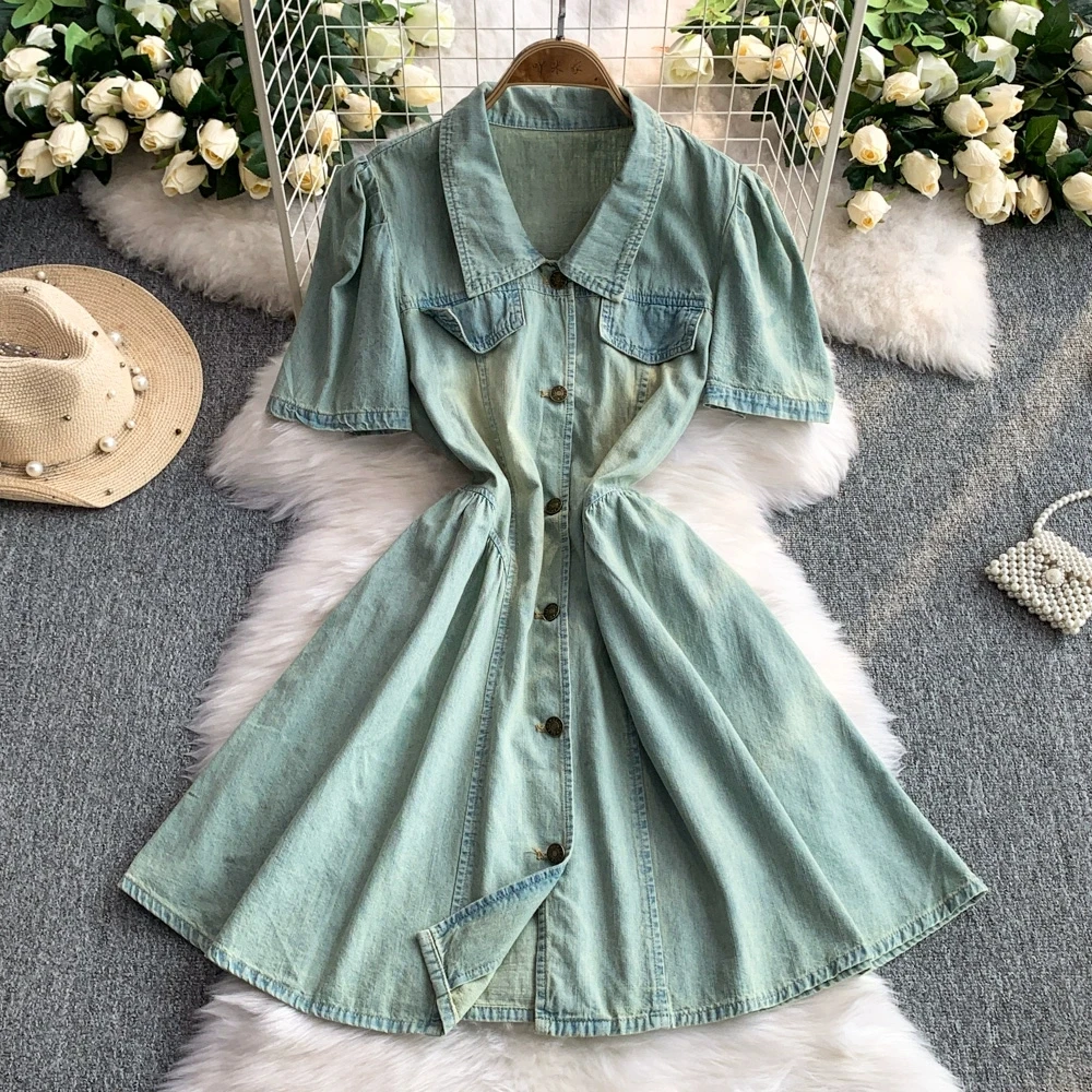 

Women's Summer Denim Dress Vintage Short Sleeve Single Breasted Jeans Mini A-Line Dress