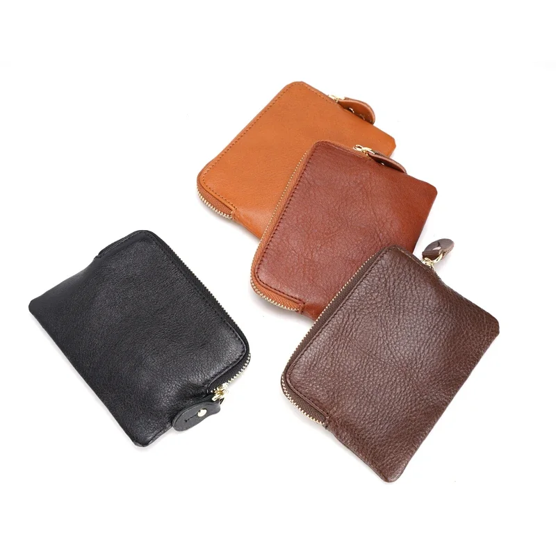 Tiding High Quantity Women Ladies Girl Minimalist Black Small Cosmetic Bag Genuine Cowhide Leather Zipper Coin Purse 