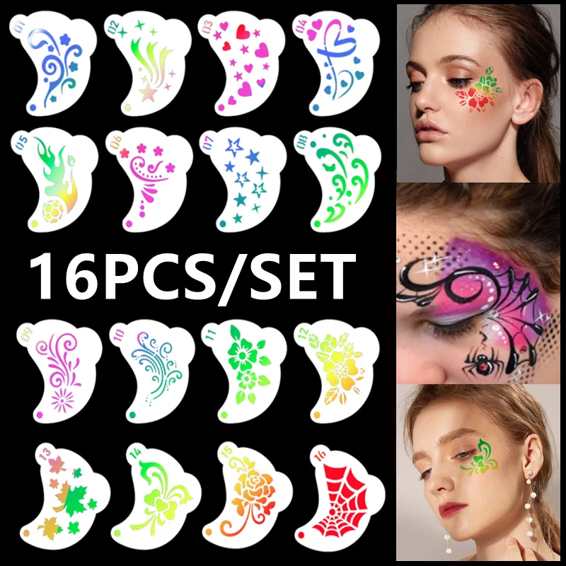 16Pcs Stencils For Body Painting Face Art Stamps Temporary Tattoo Reusable Paint Template Children Adult DIY Holiday Makeup Tool