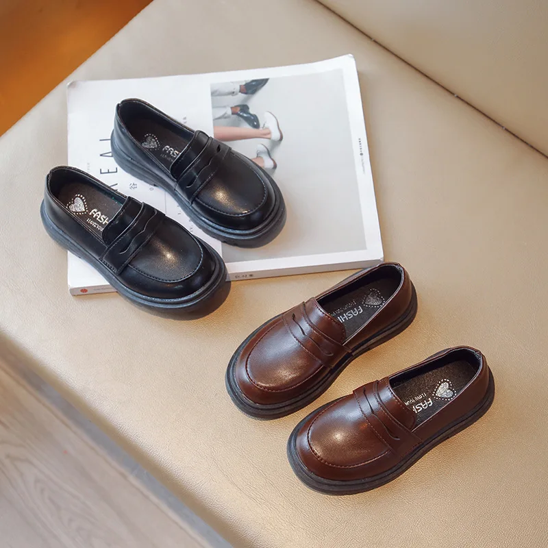 Solid Color Soft-Soled PU Leather Shoes Girls Autumn Kids Non-Slip Loafers Shallow Casual Shoes Children Students Performances