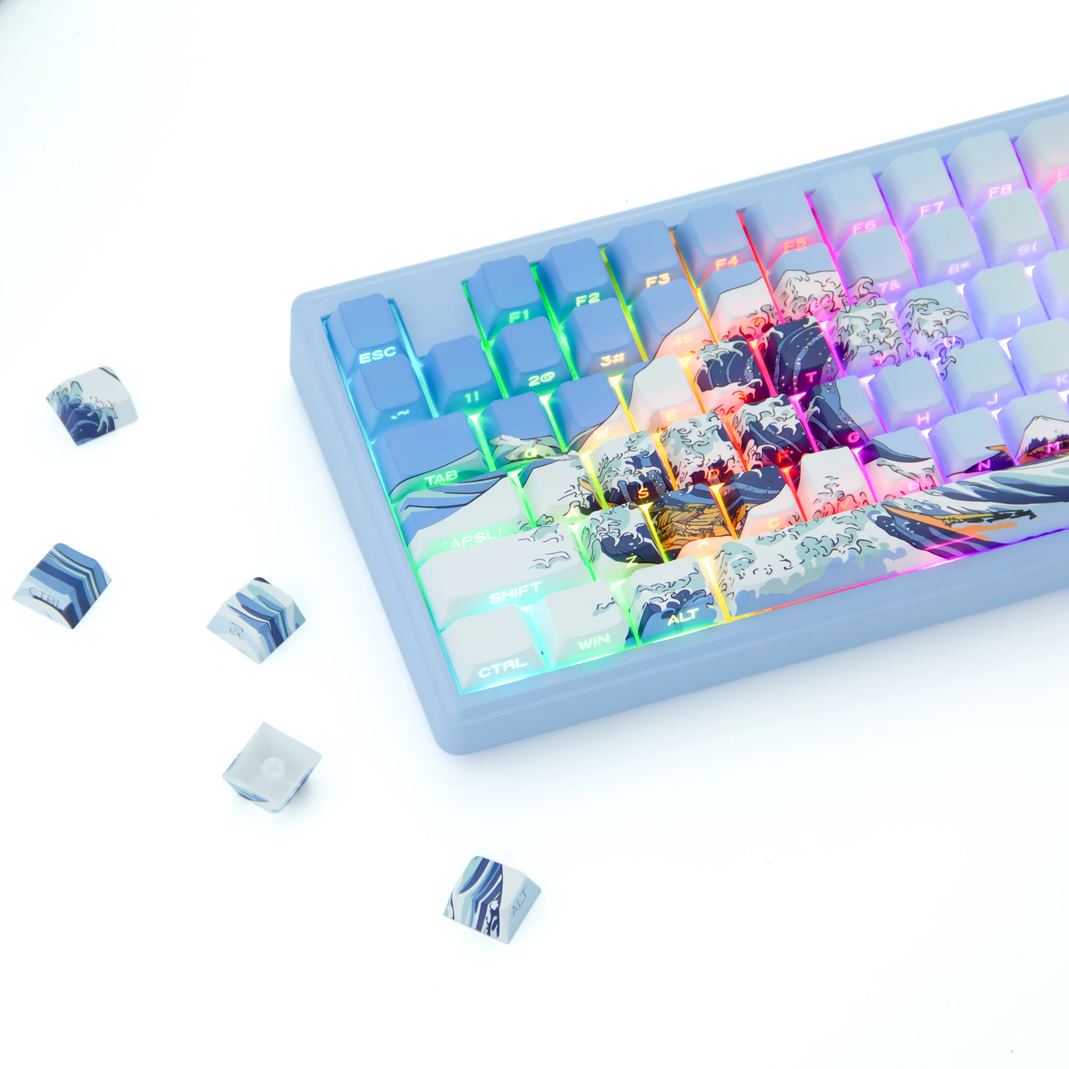 XVX Blue Coral Sea Side Print Keycaps Double Shot PBT Russian Shine Through Keycaps Cherry Profile Custom Keycaps 131 Keys