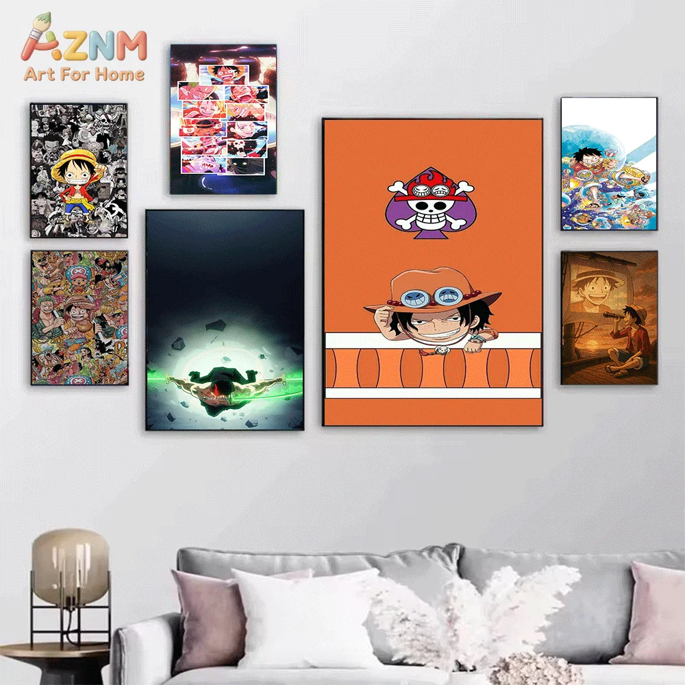 AZNM Unframed Canvas Print One Piece Jolly Roger Luffy Ace Zoro Anime Wall Art Manga Poster Home Decor