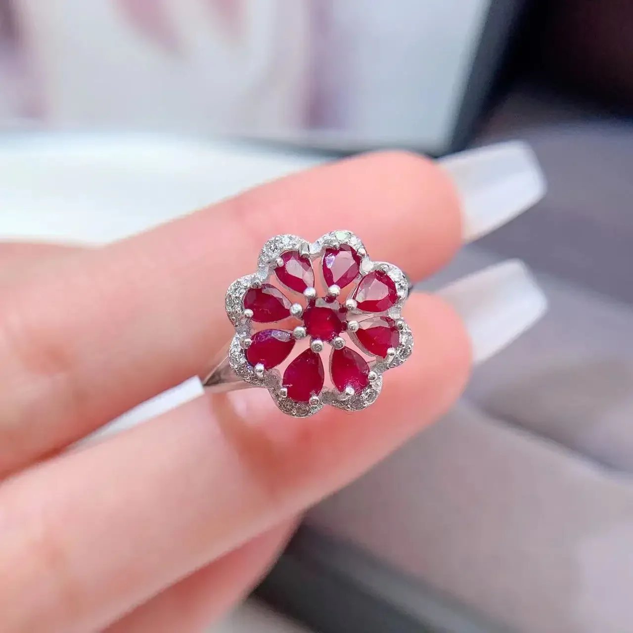 Nnatural Ruby Jewelry Gift for Woman Natural Ruby 9 pieces 3mm*4mm 925 Silver9 Ring for Office Woman 3 Layers 18K Gold Plating