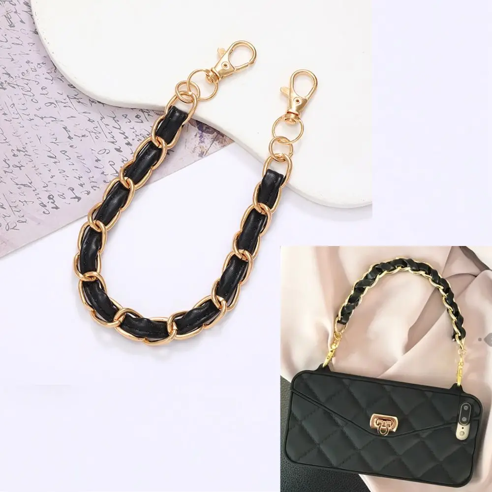 Vintage PU Leather+Metal Chain Strap For Handbag Women Fashion Wrist Strap Phone Lanyard DIY Replacement Purse Handles Bag Part