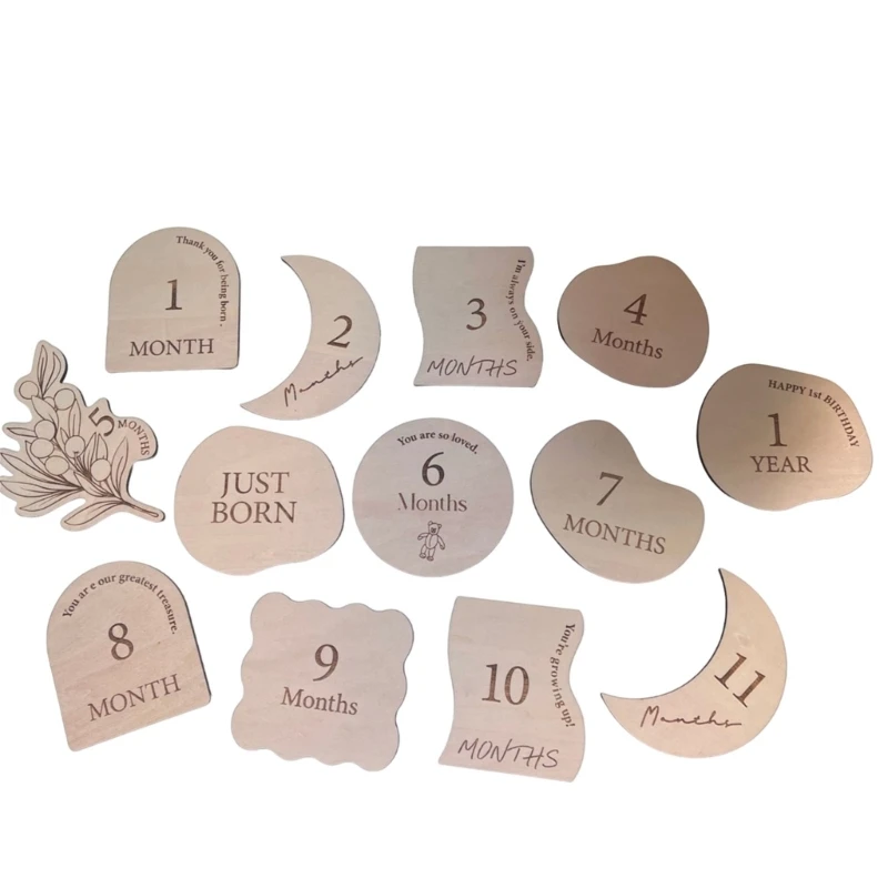 13pc Wooden Baby Milestone Card For Newborn Irregular Moon Shape Photography Props Accessories Month Cards Sticker Newborn Gifts