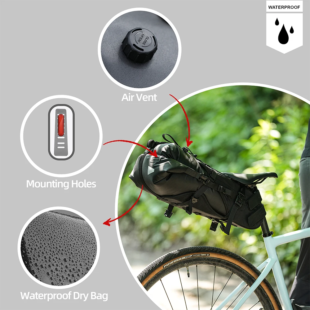 Rhinowalk Bike Saddle Bag Stable Not Shaking 14L Big Capacity  Removable Dry Bag Waterproof For Mtb Road Gravel Bike Bikepacking