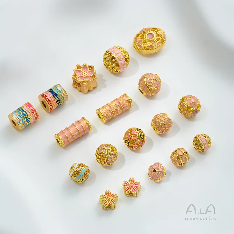 Oil-dripping Gold-plated Color Pink Cherry Blossom Bead-separated Round Ball Straight Tube DIY Bracelet Jewelry Matching