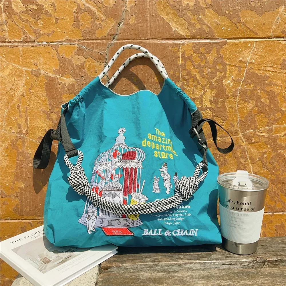 Overlarge Embroidery Women Shoulder Bag Designer Eco Bags for Women Rope Handle Handbags Drawstring Bag Reusable Shopper Tote