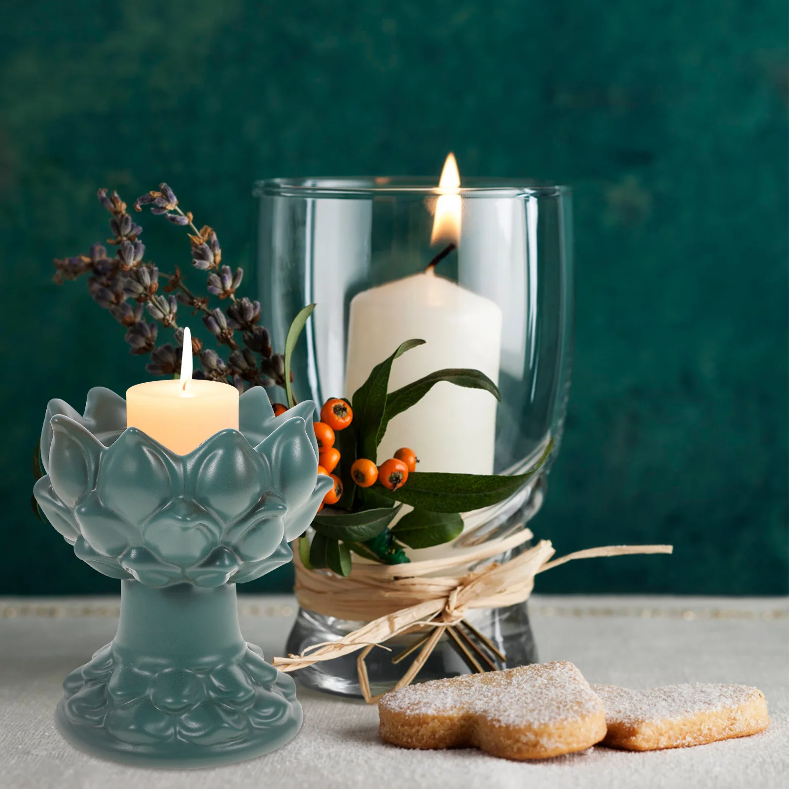 

Embossed Lotus Ceramic Candleholder Small Retro Buddhist Decor Table Centerpiece Smooth Surface Vintage Stand
