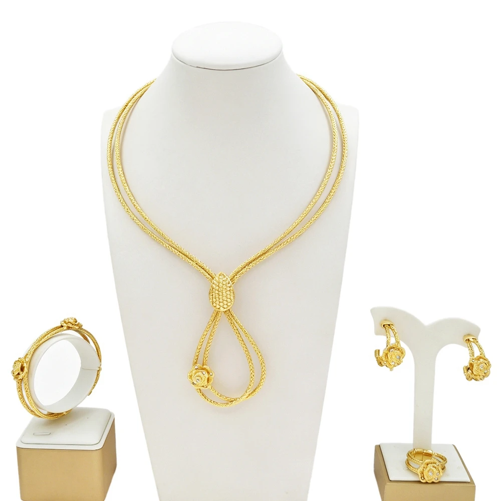 African Style Gold Plated 4PCS Jewelry Set Double Layer Chain Necklace with Rose Accent