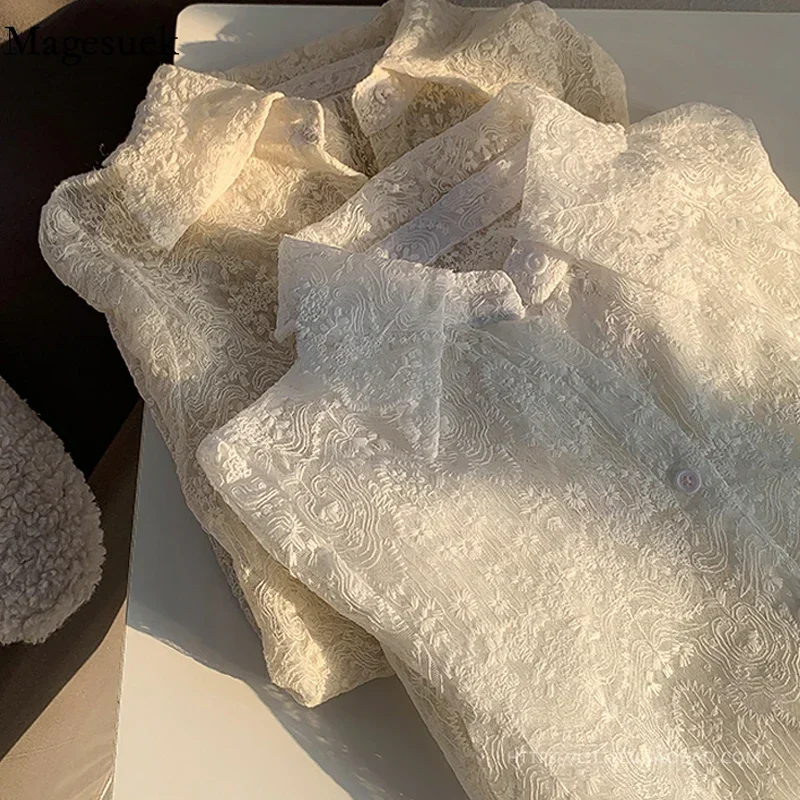 Women Plus Size Spring Korean Chic Lace Floral Embroidery White T-shirts Bottoming Long Sleeve Shirt New Fashion Hollow Top 