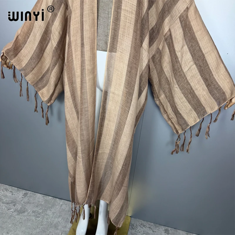 WINYI 着物風アフリカコートファッションカフタンビーチカバーアップフリンジストライプ透かしカーディガンビーチウェア女性用アバヤムスリム