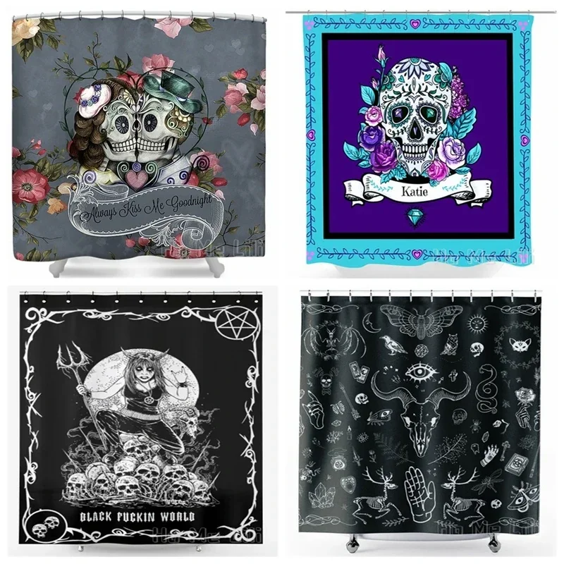 Skull Goat Demonic Black Metal Girl Shower Curtain Rose Floral Always Kiss Me Gothic Witch Esoteric Magic Bathroom Decor