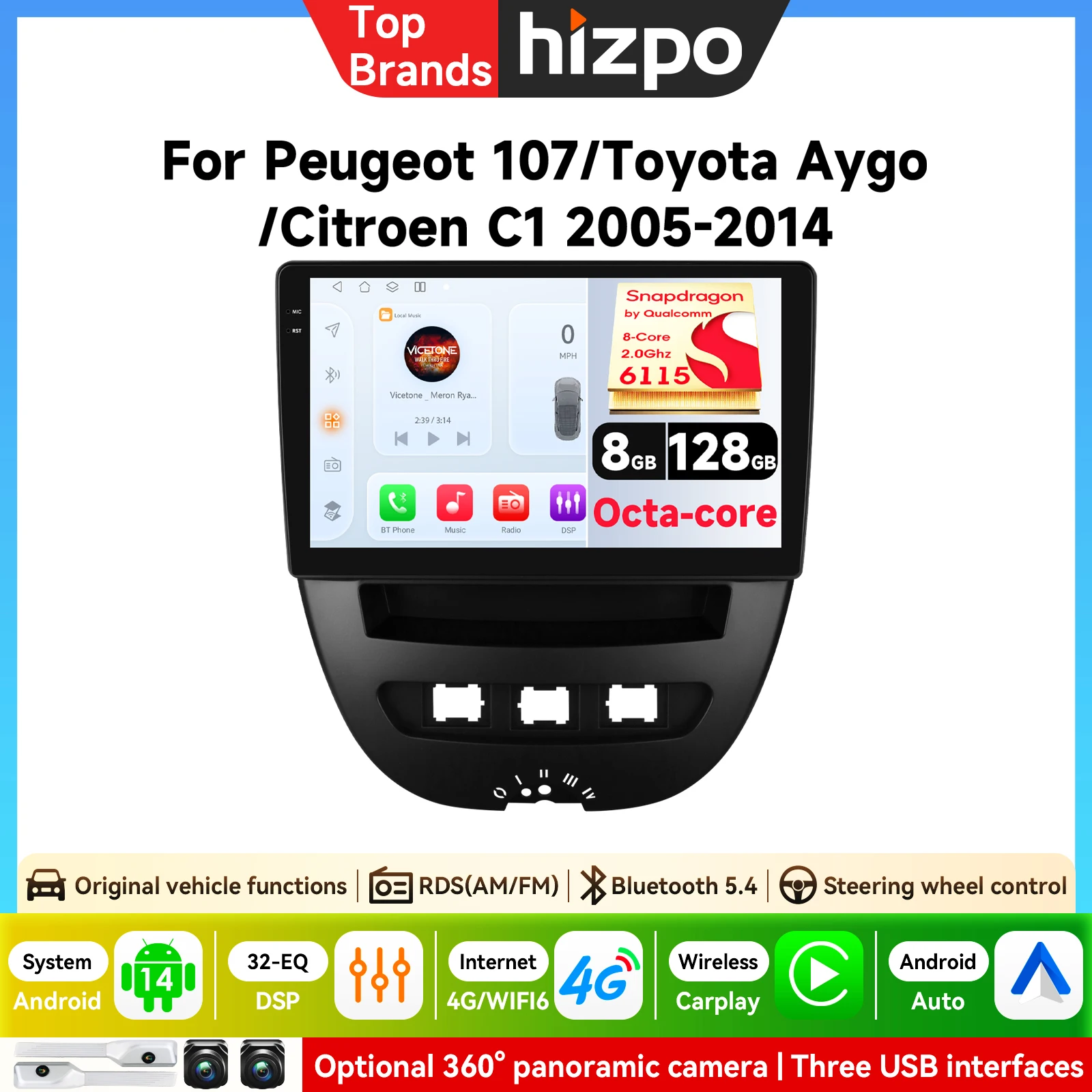 Hizpo Autoradio 10.1'' per Peugeot 107 Toyota Aygo Citroen C1 2005-2014 con Carplay Wireless e Android Auto, Lettore Multimediale per Auto 6115