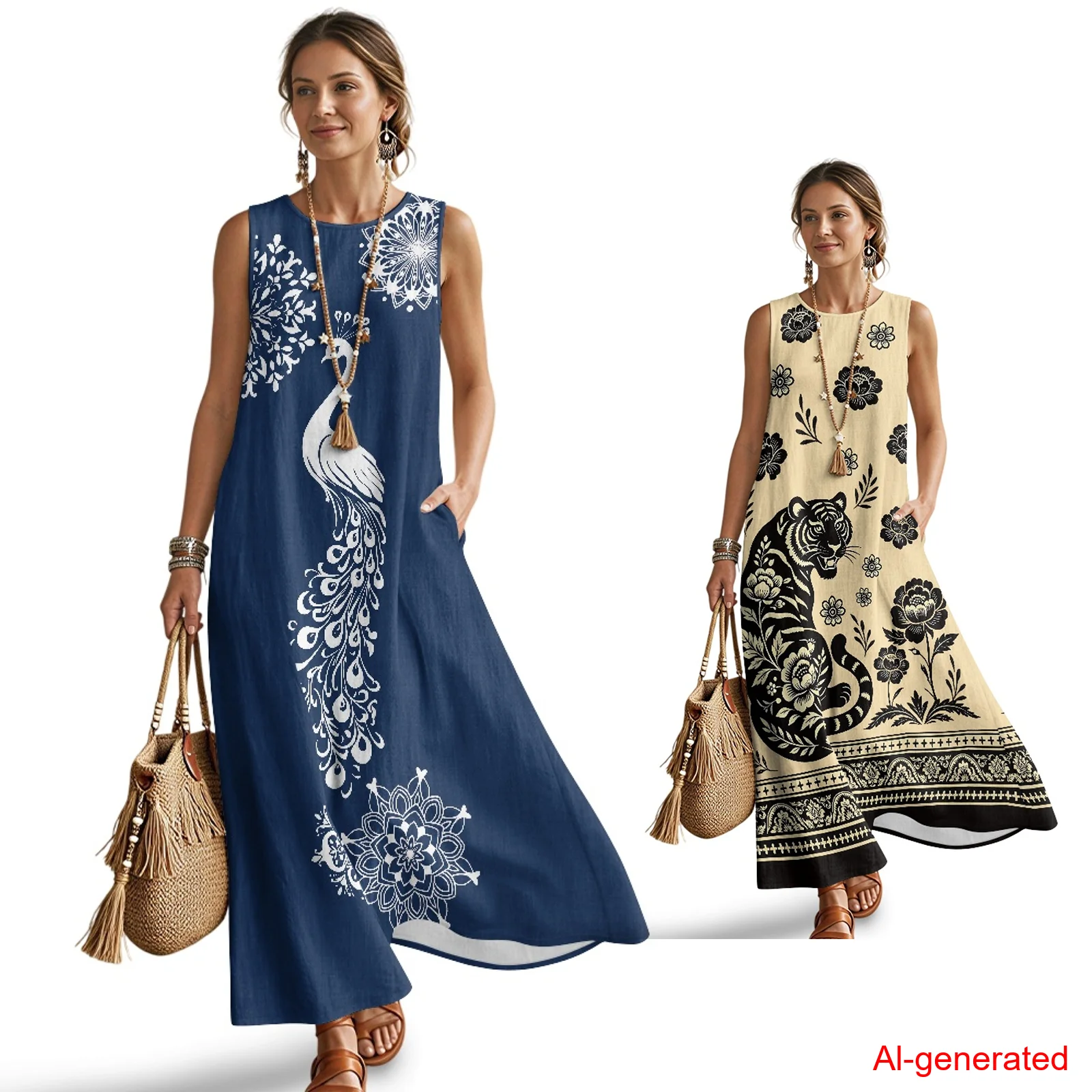

INSTANTARTS Imitation Linen Loose Vest Long Skirt Peacock Mandala Dress for Women Sleeveless Casual Maxi Linen Clothes Sundress