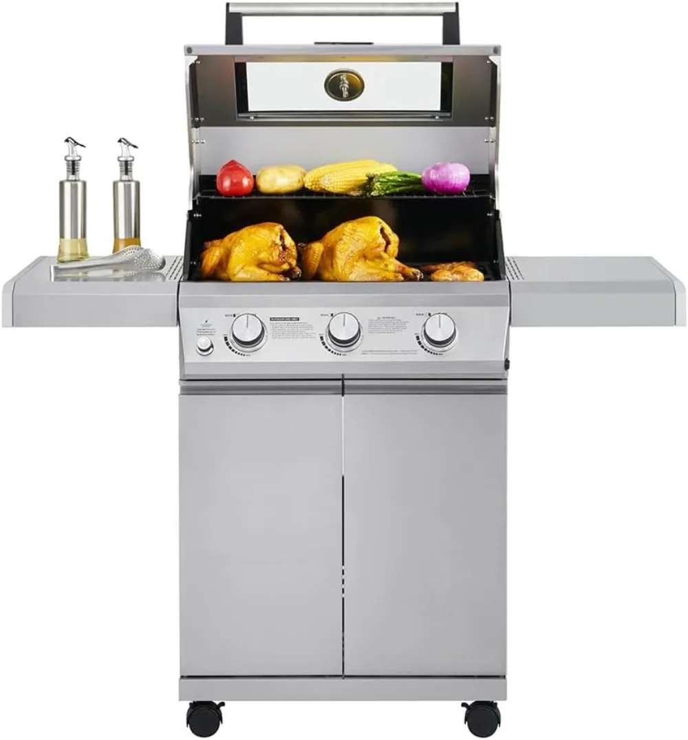 Larger 3-Burner Propane Gas Grills Barbeque Stainless Steel Heavy-Duty Cabinet Style with Smoker Box (2 Items)