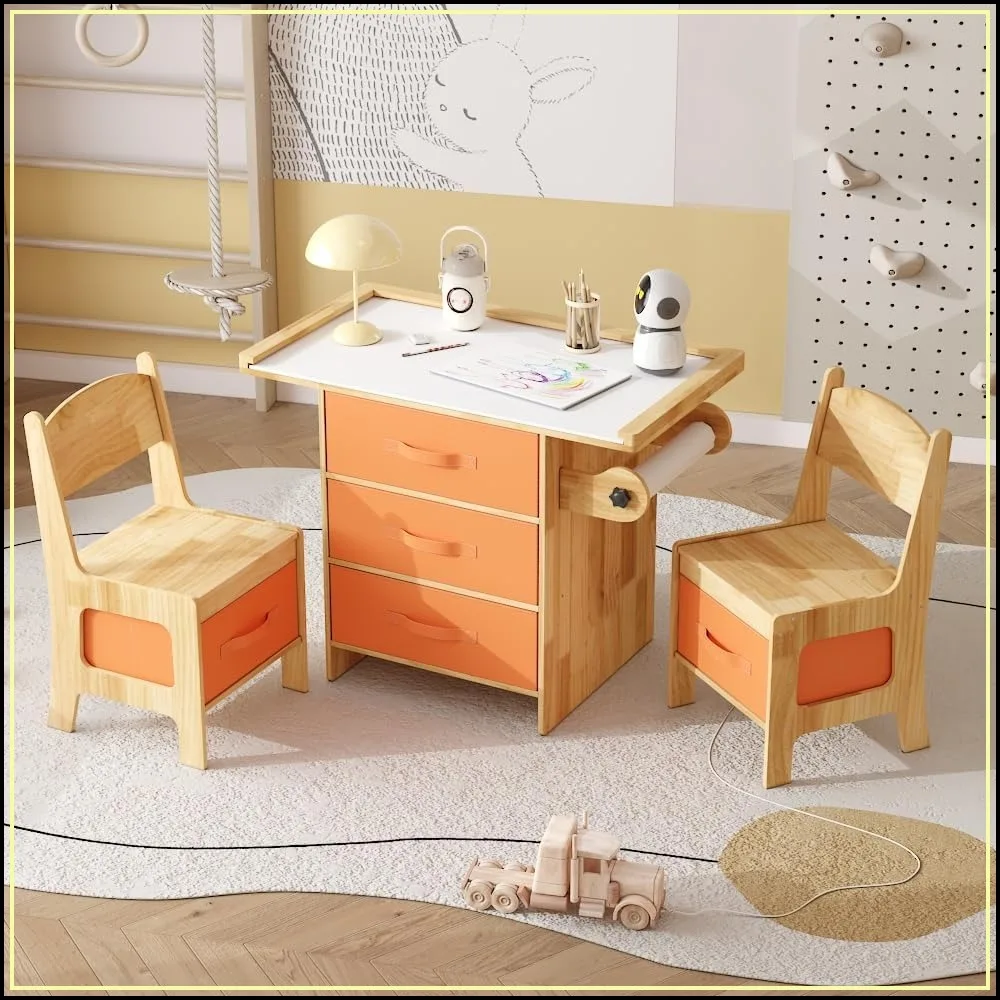 

Solid Wood Kids Table and Chair Set with Storage Drawers & Paper Roll Holder, Art Craft Play Desk for Nursery Playroom