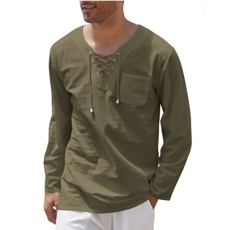 New Men Hot Sale Cotton Linen Fashion Casual Lace Up V Neck Long Sleeve Shirt