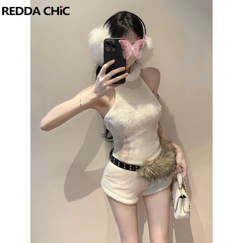 REDDACHiC Contrast Knit Top Shorts with Plush Belt Cutecore Winter Turtleneck Halter Vest Pockets Bootypants Y2k Women Clothes