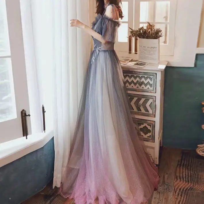 

Tulle Gradient Prom Dresses A-Line Appliques Spaghetti Strap Off The Shoulder Sexy Sleeveless V-Neck Party Wedding Evening Gowns