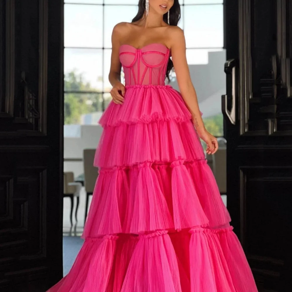 

Romantic Prom Dress Sweetheart Neck A Line For Women Evening Gowns Floor Length Tiered Illusion Party Dresses robes de soirée