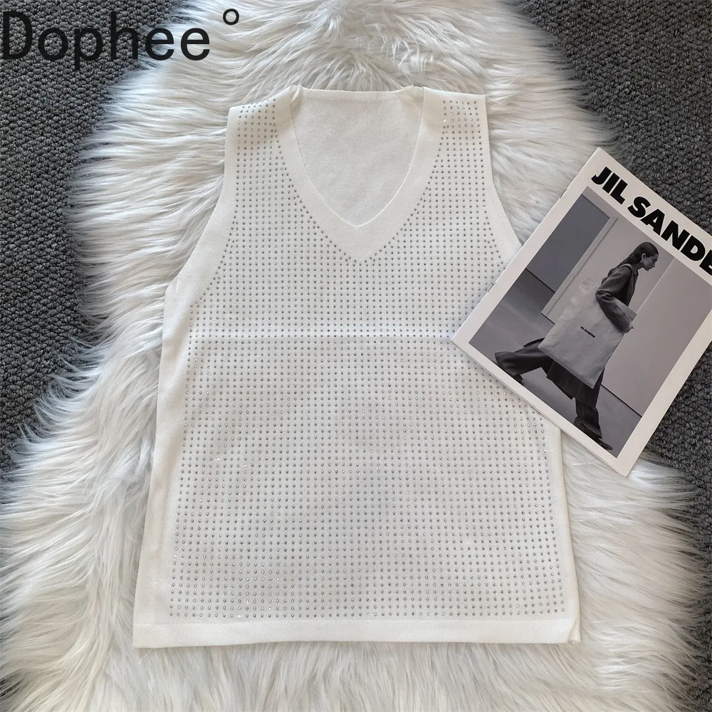 

2025 New Autumn Full Diamonds Hot Drilling V-neck Basic Top All-match Knitted Sleeveless T-shirt High Stretch Women Tanks Tops