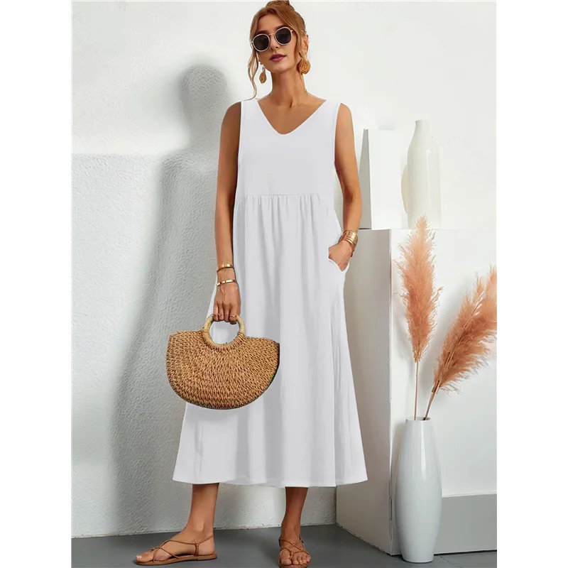 ABRT-Vestido maxi feminino 2025 Vestidos de verão sem mangas com decote em V Vestidos de verão casuais em camadas com bolsos