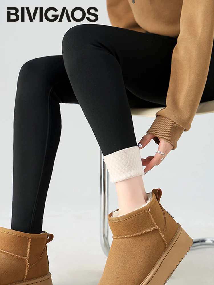 BIVIGAOS 가을 겨울 눈송이 벨벳 따뜻한 샤크스킨 레깅스 여성 두꺼운 타이트 핏 그리드 플리스 슬림 캐주얼 스포츠 레깅스