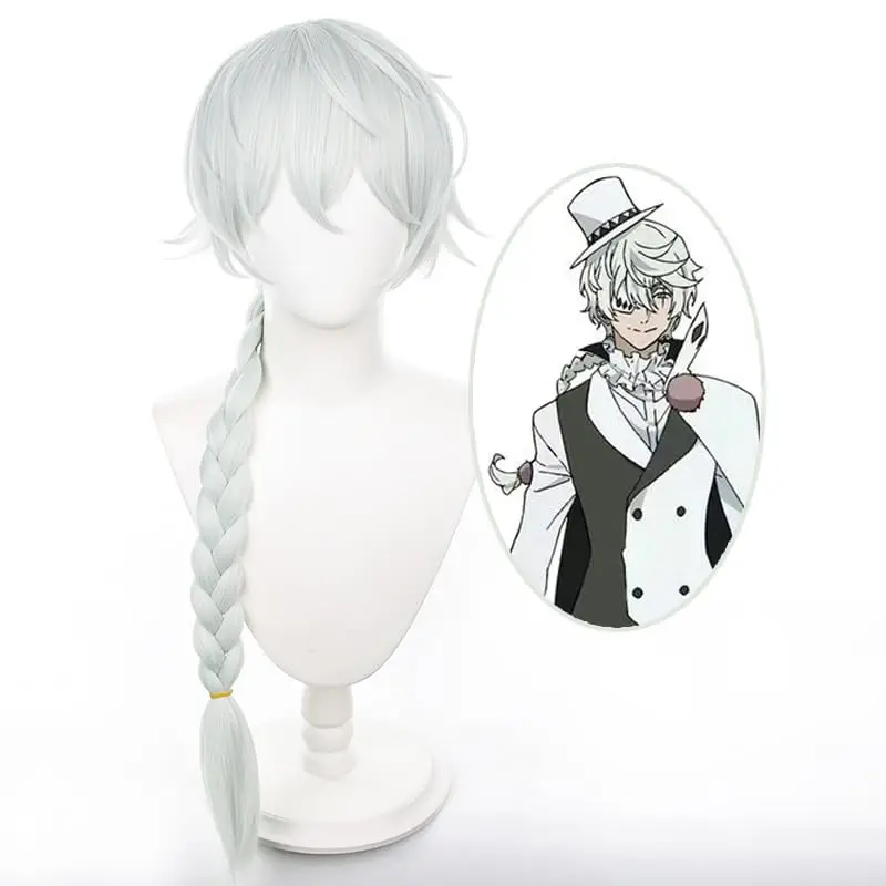 Anime Bungo Stray Dogs Nikolai Gogol Cosplay Wig for Men Long Grey White Braided Wig Halloween Party Costume Accessory