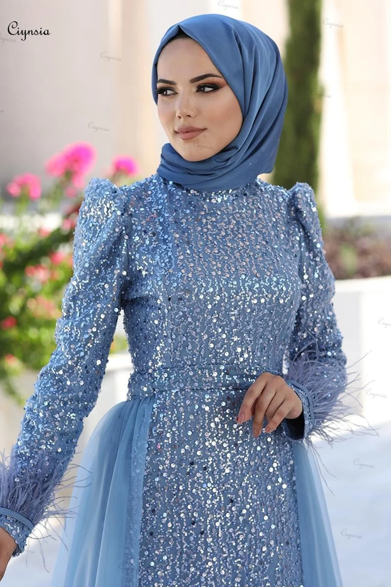 Ciynsia Luxury Glitter Sequin Beading Formal Dress Long Sleeve Muslim Evening Gown Islamic Hijab Arabic Kaftan Robes De Soirée