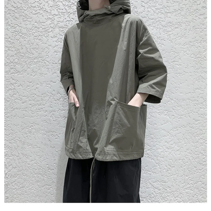 Summer New Loose Short Sleeved Hooded T-shirt Men's Korean Fashion Solid Large Pocket Super Large Hooded Tops Streetwear