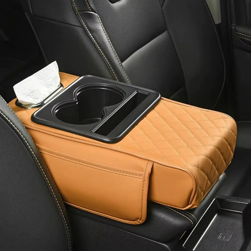Elbow Support Car Arm Rest Cushion with Cup Holder Tissue Box Armrest Heightening Pad Side Storage Pockets Phone Slot