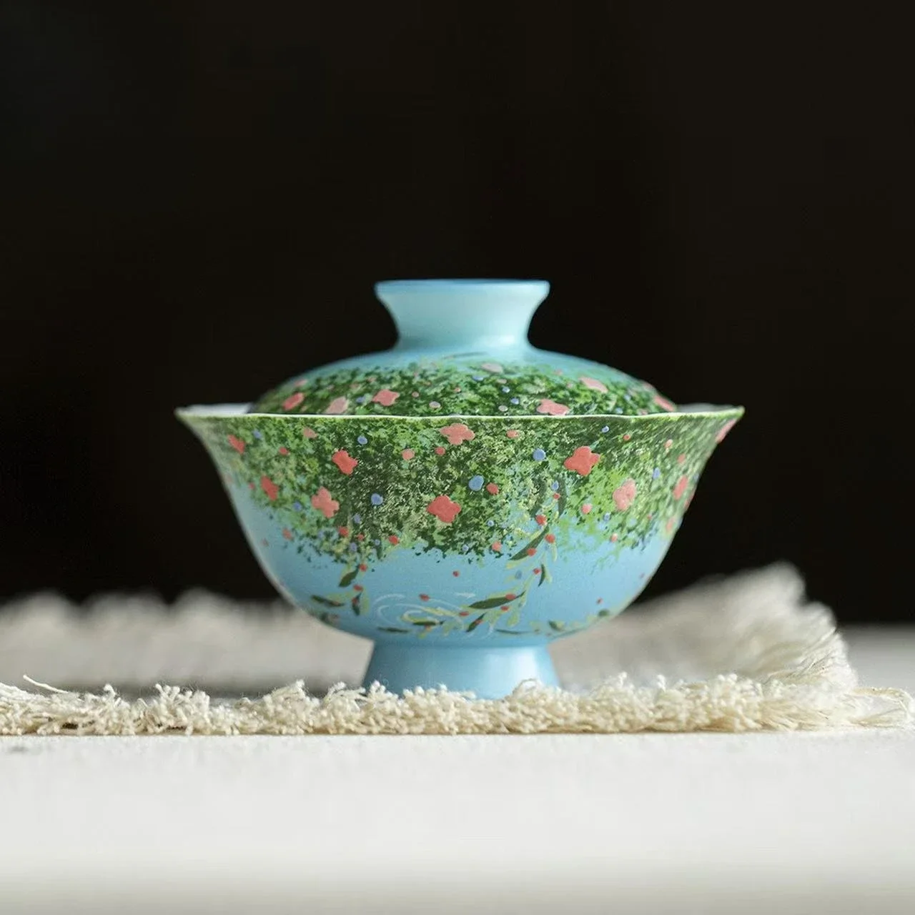 80ML Blue Ground Painted Oil Painting Wind Flower Mouth High Foot Cover Bowl KungFu TeaSet Hand Painted Small TeaBowl Collection