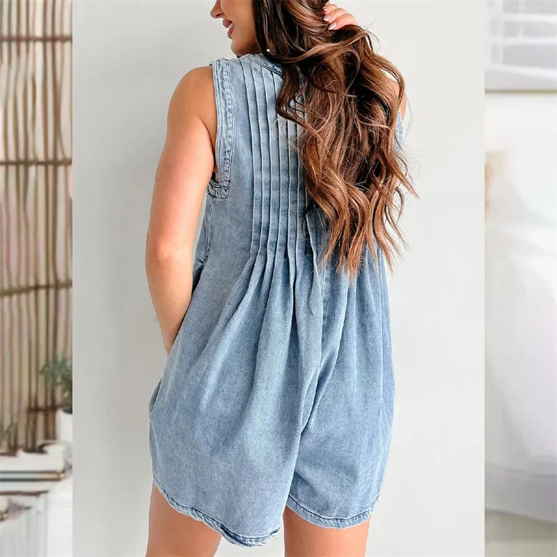 2024 Jumpsuit Denim kerah V dalam wanita, Jumpsuit celana pendek lipit satu potong tanpa lengan saku samping pakaian jalanan