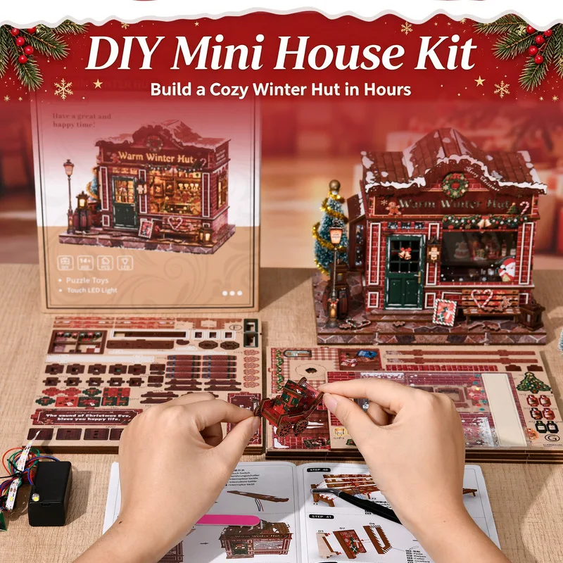 christmas snow scene micro landscape ornament warm winter hut diy 3D handmade bookend building model