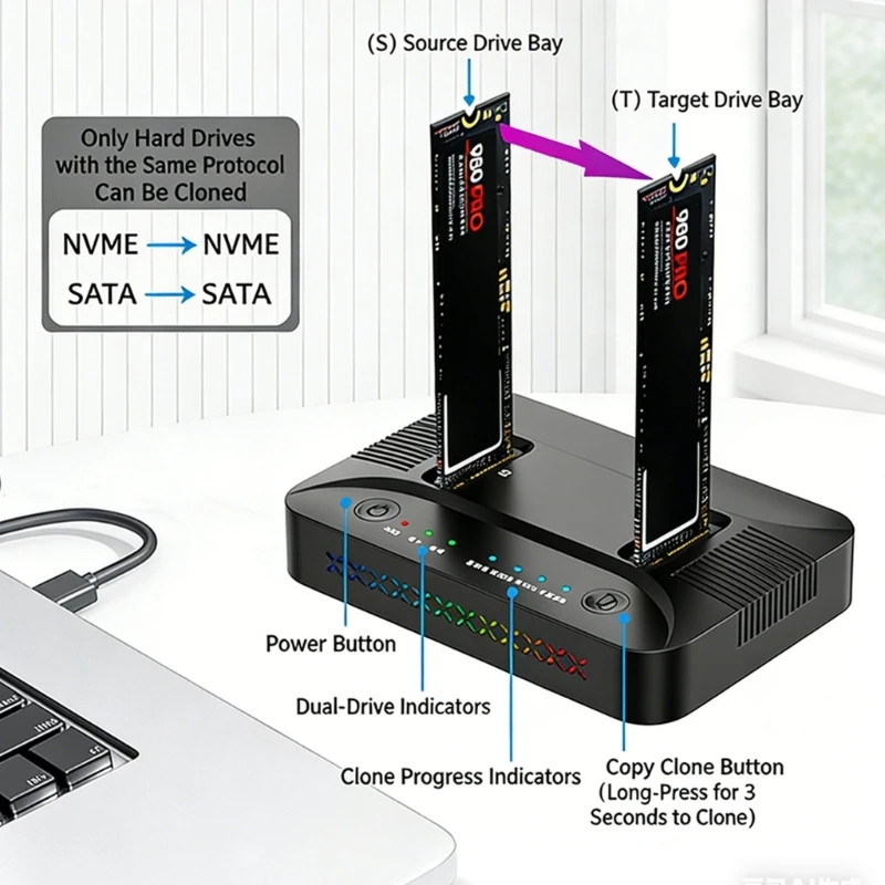 

USB3.2 GEN 2 M.2 NVME Double Slot Dock 10Gbps/20Gbps Transfer Rate Docking Station Enclosure for Quick Storage