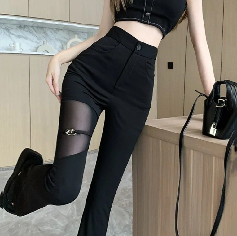 

Women's Pants 2025 Spring New Fashion Micro Flared Pants Mesh Splicing Hollow Out High Waist Casual Pocket Design Daily Pants