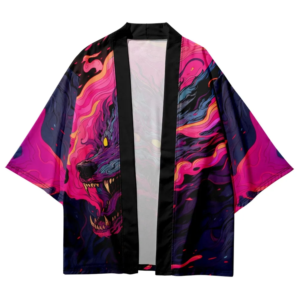 Streetwear Cardigan Clothes Oversized Robe Women Men Traditional Haori Yukata Summer Japanese Anime Wolf Print Cosplay Kimono