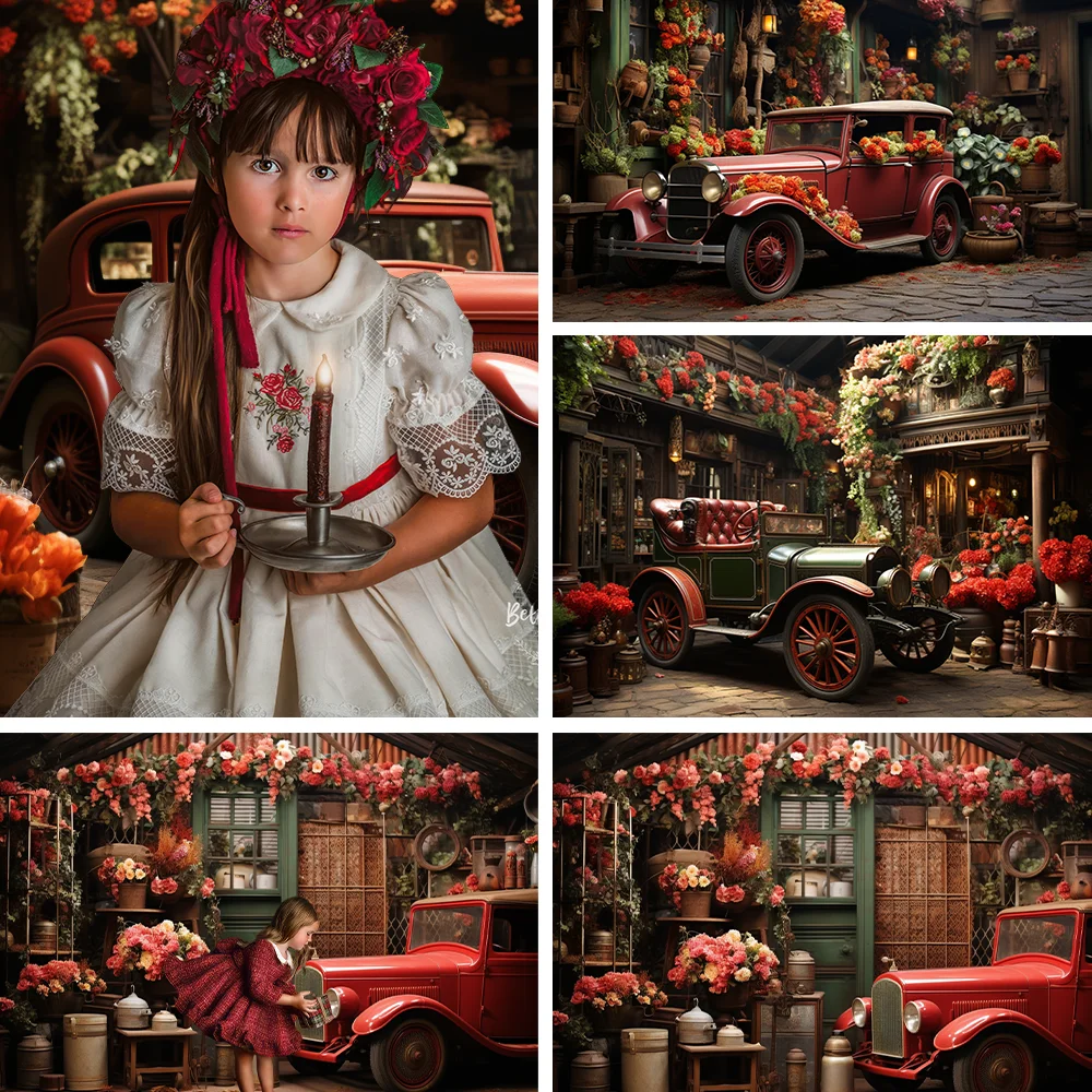 Cake Smash Photography Backdrop Antique Garage Scene Flower Boxes Old Spools Vintage Birthday Portrait Background Photo Studio