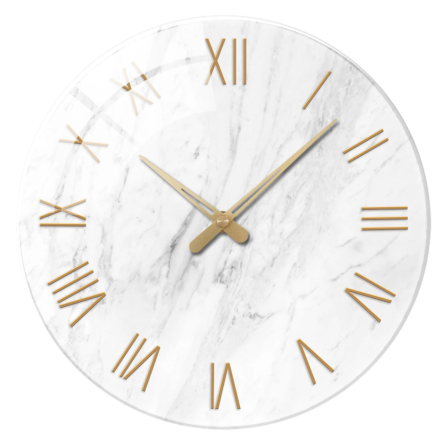 1pc 12 inch tempered glass wall clock, modern simple white marble texture gold Roman numerals design wall clock, home mute clock