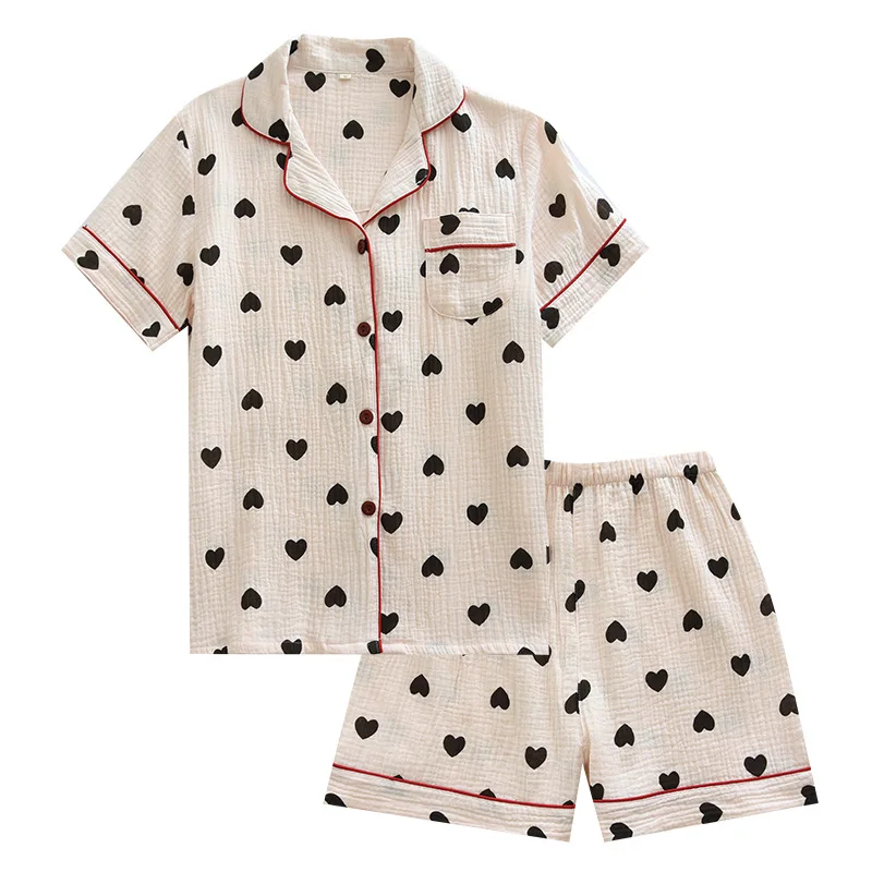 Small Fresh Summer Thin Short-sleeved Shorts 2PCS Women's Crepe Pure Cotton Pajamas Love Lapel Gauze Cotton Loungewear