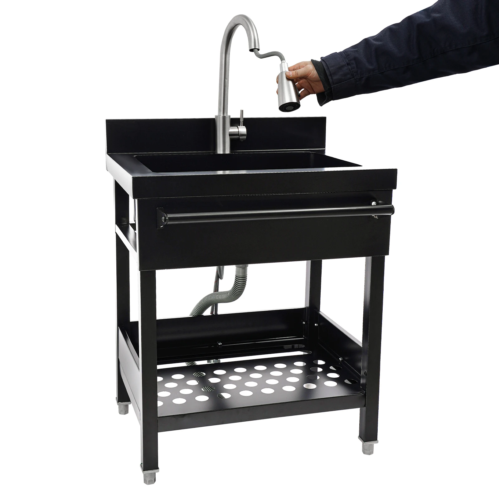 

Kitchen Sink Single Bowl Kitchen Sink with Faucet 201 Stainless Steel Spray-coated Floorstanding Extendable Faucet, Black