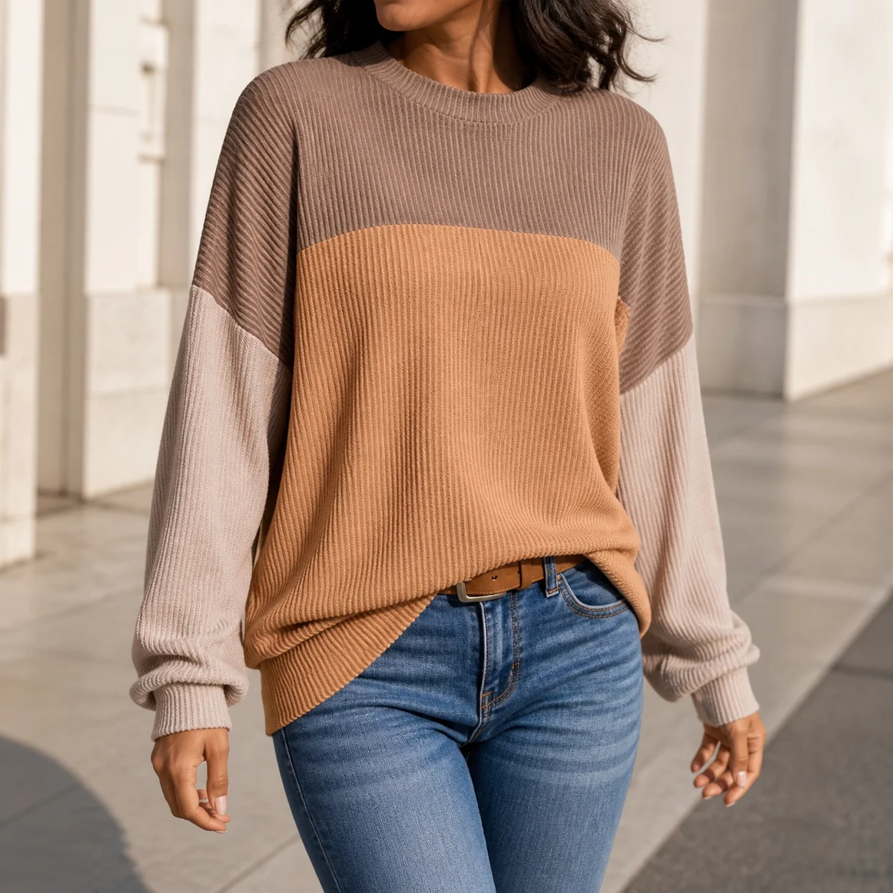Women's Color Block Round Neck Regular Fit Sweatshirt Female Clothing Women's Winter Clothing Blouse Woman Clothes Soft Texture