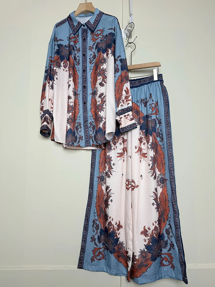 

Дизайнерская рубашка с лацканами в стиле ретро с геометрическим принтом, комплект из двух предметов для осенней женской одежды 2025 года + свободные широкие брюки, модный комплект