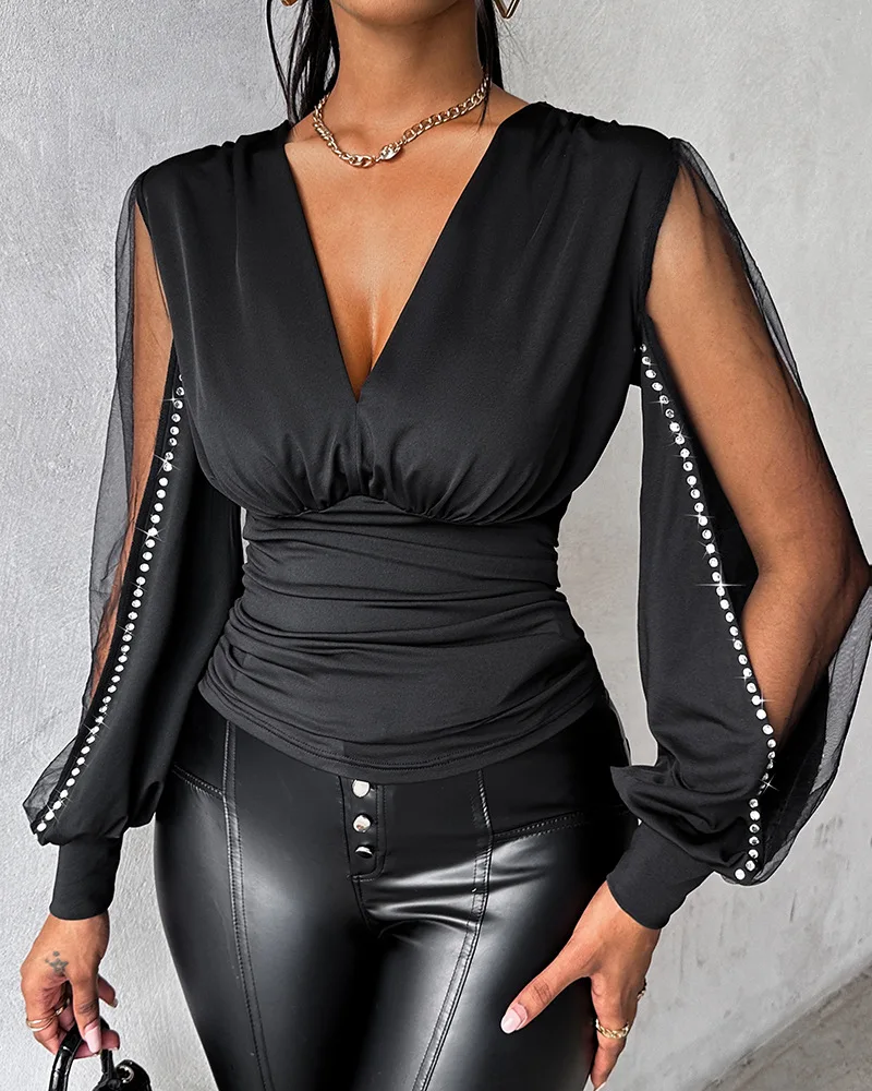 Fashion Sexy Deep V Neck Pullover Shirt Women Tops Elegant Plunge Sheer Mesh Patch Rhinestone Top Blouse Female blusas mujer